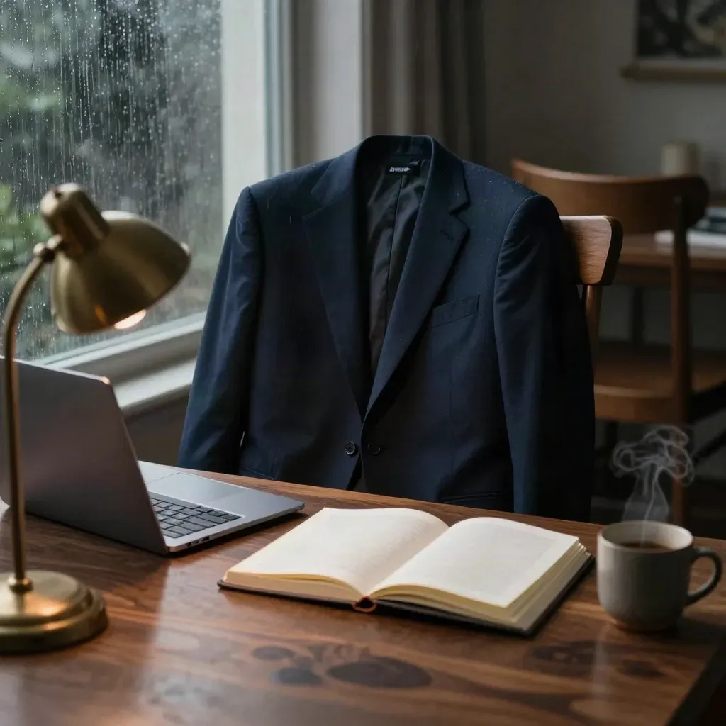 Navy blazer on walnut chair beside notebook, laptop, mug and brass lamp in a rain-lit coaching studio.