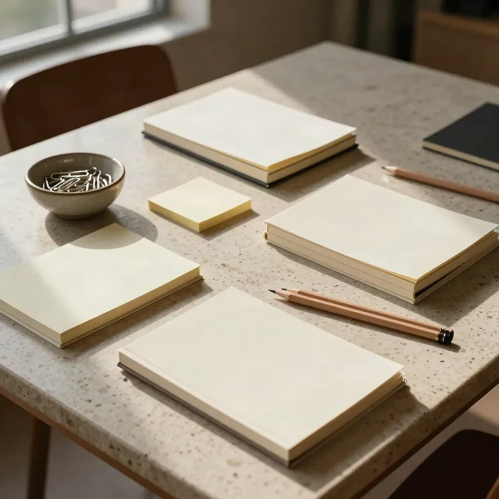 Overhead workshop flat lay with notebooks, sticky notes, pencils, and paper clips on travertine.