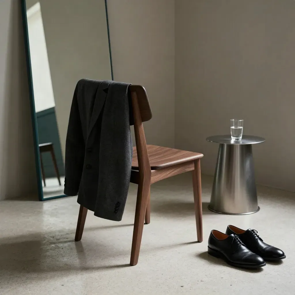 Interview prep corner with blazer, shoes, mirror, chair, and water glass in cool daylight.