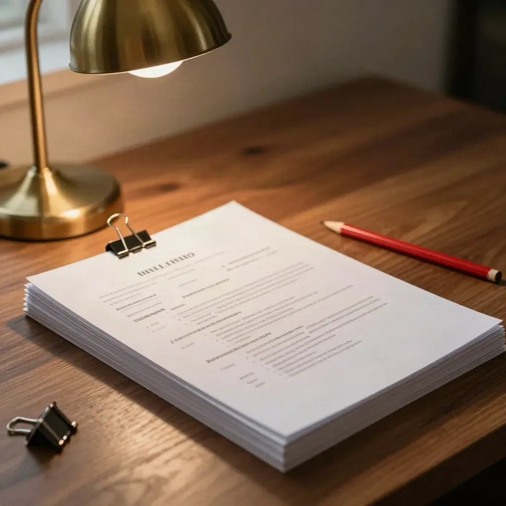Resume pages squared neatly with pencil, clip and brass lamp on a warm desk
