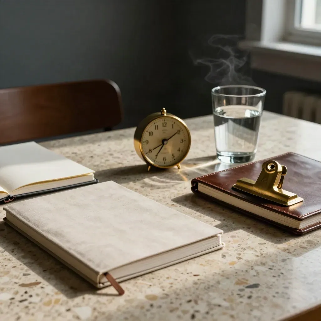 New-manager coaching toolkit with notebooks, timer and water glass on a travertine table.