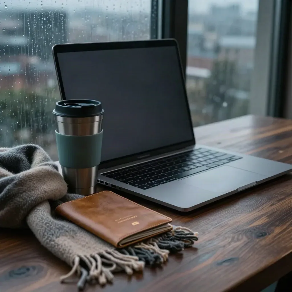 Closed laptop, travel mug, passport wallet and scarf on a dark table by a rainy window.