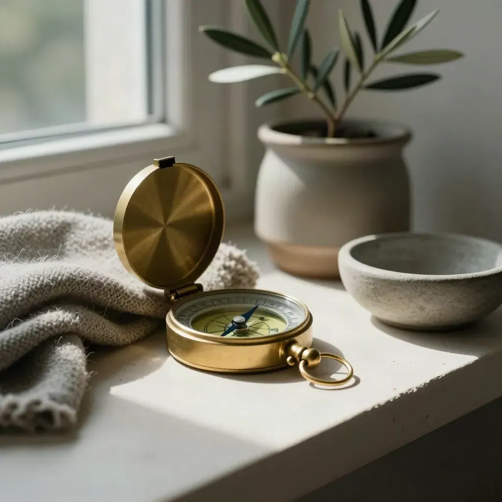 Brass compass, folded wool throw, olive plant and stone bowl on a pale shelf in soft light.